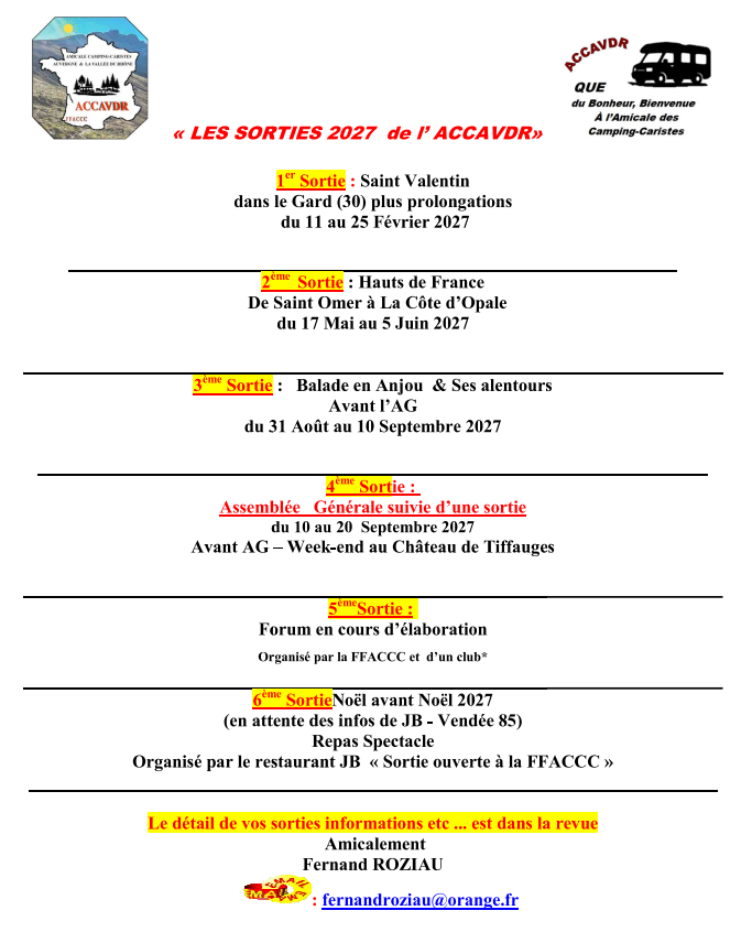 Les sorties 2027 de l'ACCAVDR